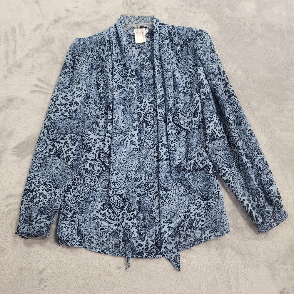 Vintage TanJay Shirt Womens 8 Blue Paisley Tie Neck Bow Long Sleeve Chiffon - Picture 4 of 16